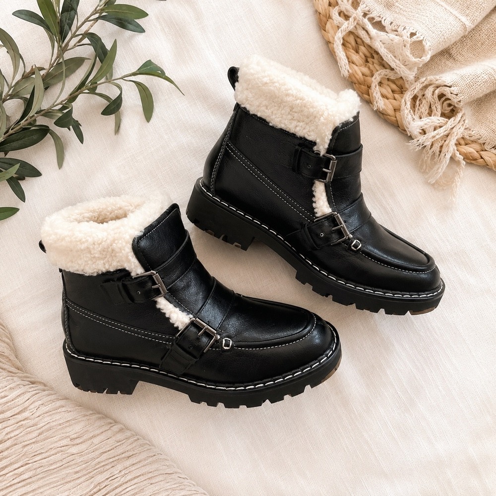Donald Pliner Elixgo Ankle Boot Women 8.5 Black Shearling Leather Moto Lug Sole